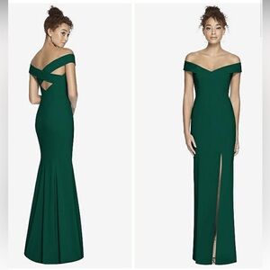 Dessy Collection Off Shoulder Criss Cross Back Trumpet Hunter Green Maxi Dress